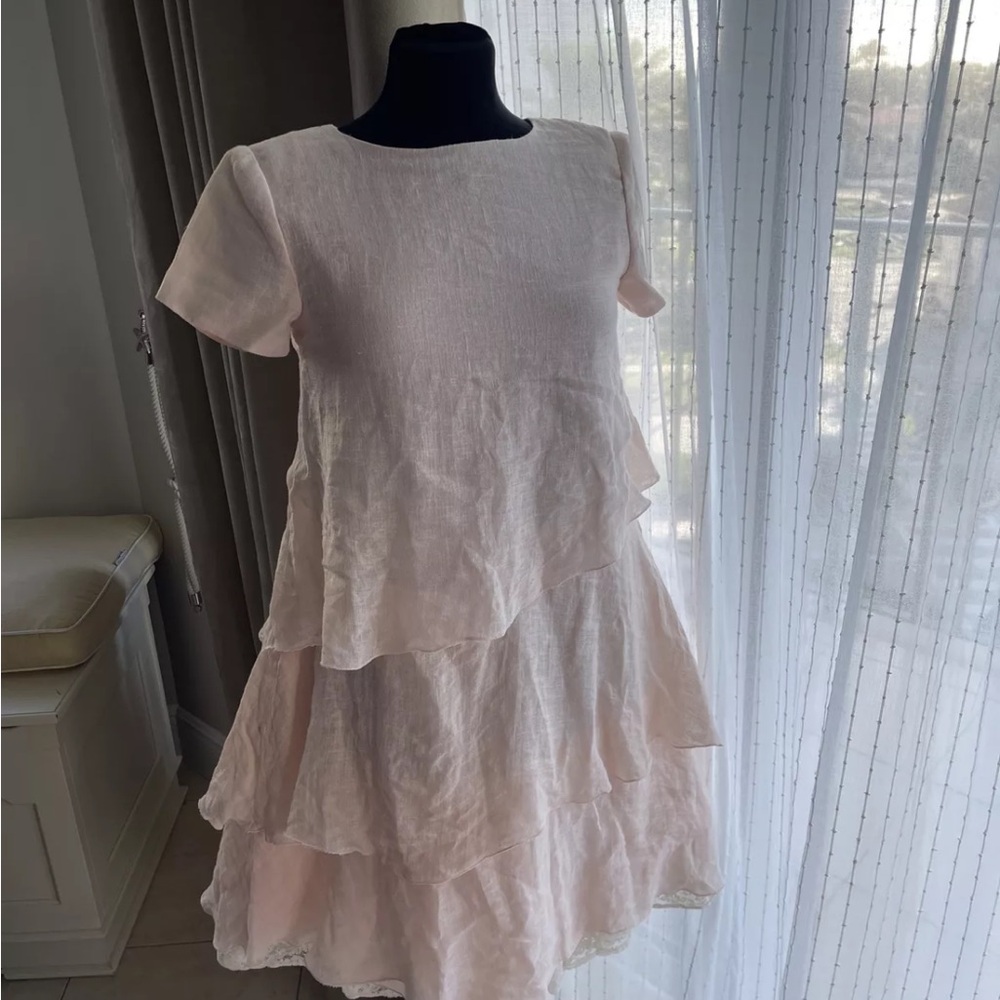 Barcarola Couture For Kids Pink Linen dress Lined Petticoats Lace Hem 14